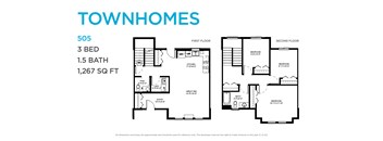 A floor plan for a 3 bedroom, 1,267 sq ft townhome with a 1.5 bath.