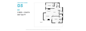 A floor plan for a 2 bedroom, 2 bathroom apartment at Crestview Tower.