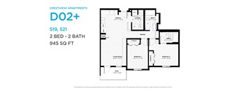 A floor plan for a 2 bedroom, 2 bathroom apartment sized at 945 square feet.