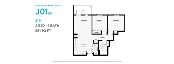 A floor plan for a 2 bedroom, 1 bathroom apartment sized at 861 square feet.