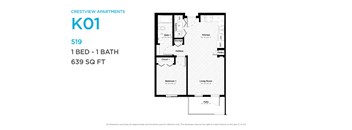 A floor plan for a one bedroom apartment with a living room and bathroom.