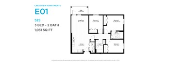 A floor plan for a 3 bedroom, 2 bathroom apartment sized at 1,031 square feet.