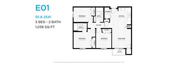 A floor plan of a 3 bedroom, 2 bathroom apartment.