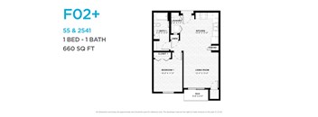 A floor plan for a one bedroom apartment with one bathroom.