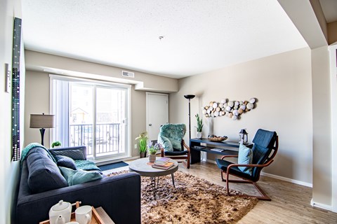 A living room with a black couch, a chair, a table, and a rug.