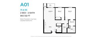A floor plan for a 75 & 95 square foot apartment with two bedrooms and two bathrooms.