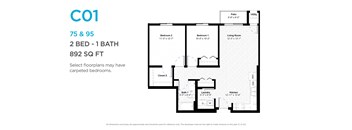 A floor plan for a CO1 apartment with two bedrooms and one bathroom.