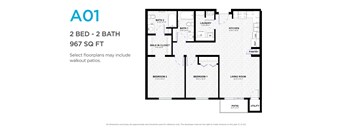 A floor plan for a 2 bedroom, 2 bathroom apartment sized at 967 square feet.