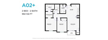 A floor plan for a 2 bedroom, 2 bathroom apartment sized at 982 square feet.