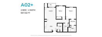 A floor plan for a 2 bedroom, 2 bathroom apartment sized at 981 square feet.