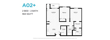 A floor plan for a 2 bedroom, 2 bathroom apartment sized at 963 square feet.
