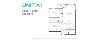 A drawing of a floor plan for a 2 bedroom, 1 bathroom apartment sized at 860 square feet.