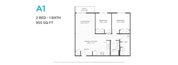 A floor plan of a 2 bedroom, 1 bathroom apartment sized 955 square feet.