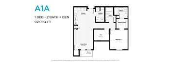 A1A floor plan shows a 1 bedroom, 2 bathroom apartment with a den and living room.