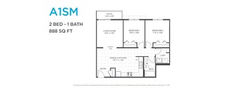 A drawing of a floor plan for a 2 bedroom, 1 bathroom apartment.