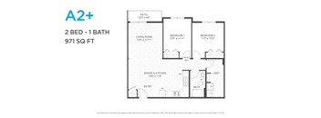 A floor plan for an A2+ apartment with two bedrooms and one bathroom.