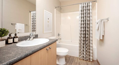 A bathroom with a white toilet, sink, and shower.
