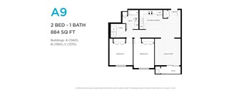 A floor plan for a 2 bedroom, 1 bathroom apartment.