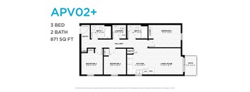 A floor plan for a 3 bedroom, 2 bathroom apartment is shown.