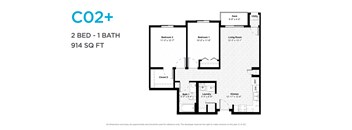 A floor plan for a CO2+ apartment with two bedrooms and one bathroom.