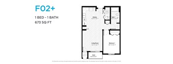 A floor plan for a one bedroom, one bathroom apartment sized at 673 square feet.