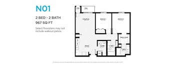 A floor plan for a 2 bedroom, 2 bathroom apartment sized at 967 square feet.