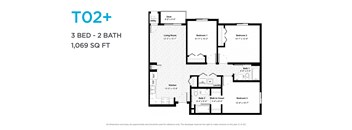 A floor plan for a 3 bedroom, 2 bathroom apartment sized at 1,069 square feet.