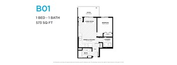 A floor plan for a 1 bedroom, 1 bathroom apartment sized at 573 square feet.