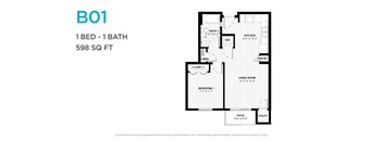 A floor plan for a 1 bedroom, 1 bathroom apartment sized at 598 square feet.