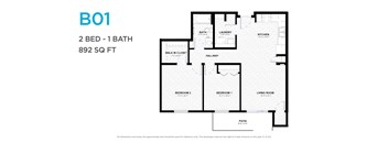 A floor plan of a two bedroom, one bathroom apartment.