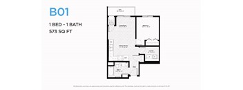 A floor plan for a 1 bedroom, 1 bathroom apartment that is 573 square feet.