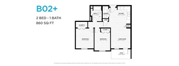 A floor plan for a B02+ apartment with two bedrooms and one bathroom.