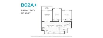 A floor plan for a 2 bedroom, 1 bathroom apartment sized at 910 square feet.