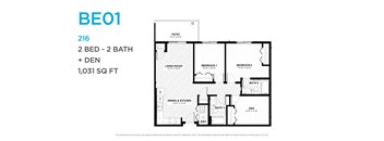 A floor plan of a BE01 apartment with two bedrooms, two bathrooms, and a den.