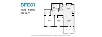A floor plan for a 2 bedroom, 1 bathroom apartment sized at 882 square feet.