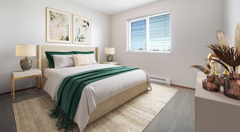 A bedroom with a large bed and window