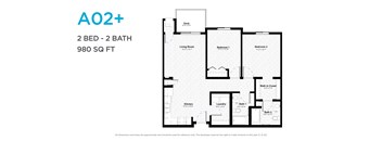 A floor plan for a 2 bedroom, 2 bathroom apartment sized at 980 square feet.