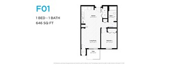 A floor plan for a 1 bedroom, 1 bathroom apartment sized at 646 square feet.