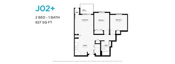 A floor plan for a JO2+ apartment with 2 bedrooms and 1 bathroom.