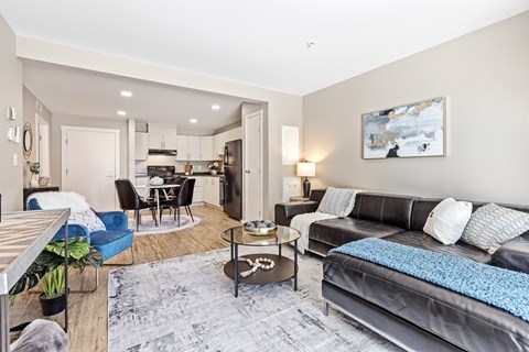 A modern living room with a grey couch and a coffee table.