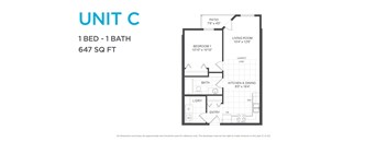 A drawing of a floor plan for a 1 bedroom, 1 bathroom apartment sized at 647 square feet.