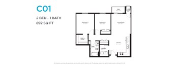 A floor plan of a 2 bedroom, 1 bathroom apartment that is 892 square feet.