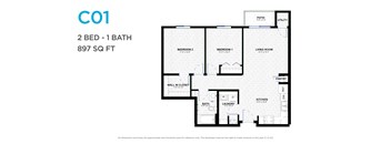 A floor plan for a 2 bedroom, 1 bathroom apartment sized at 897 square feet.