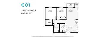 A floor plan for a 2 bedroom, 1 bathroom apartment sized at 892 square feet.