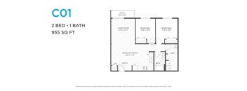 A floor plan for a 2 bedroom, 1 bathroom apartment that is 955 square feet.