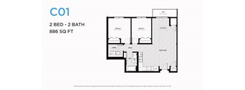A floor plan for a 2 bedroom, 2 bathroom apartment sized at 886 square feet.