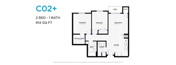 A floor plan for a CO2+ apartment with two bedrooms and one bathroom.