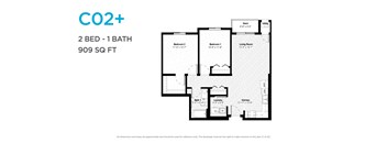 A black and white image of a floor plan for a CO2+ apartment.