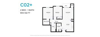 A floor plan for an apartment with two bedrooms and one bathroom. 905 square feet