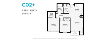 A floor plan for a CO2+ apartment with two bedrooms and one bathroom.